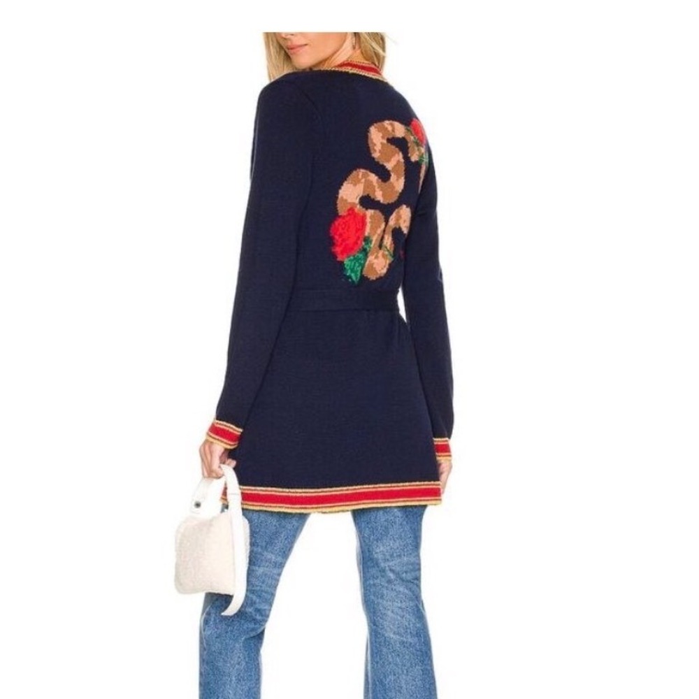 L'AGENCE Lorie Snake Rose Graphic Cardigan Womens Navy Size M Belted